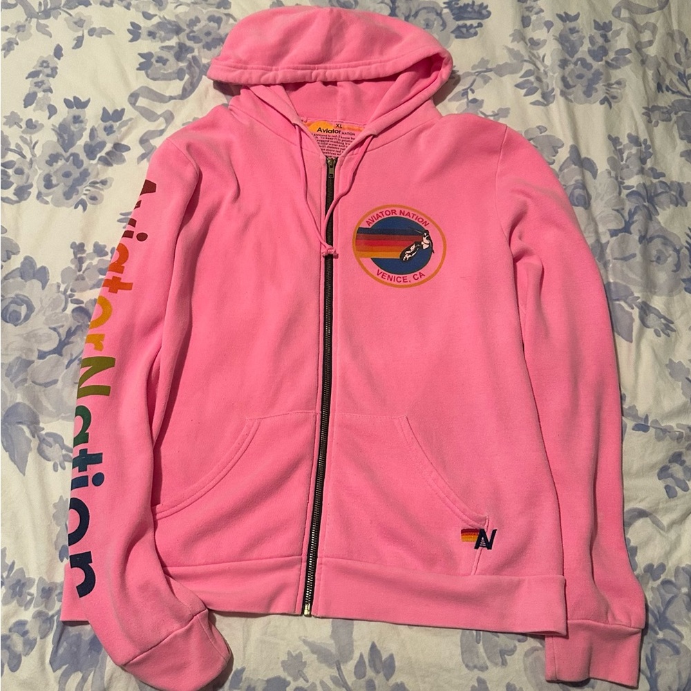 Aviator Nation Pink Zip-Up Hoodie with Multicolor Logo
